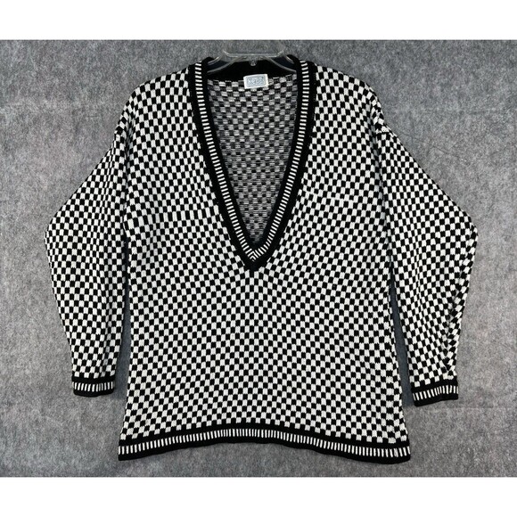 Vintage Keds Black White Checker Knit Jacquard Sweater V-Neck Oversized Sz L? - Picture 1 of 10